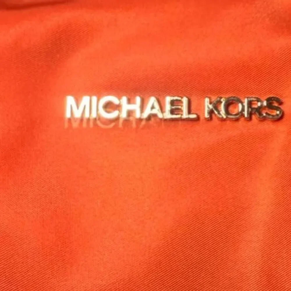 Michael Kors Orange Nylon Tote Shoulder Bag Brown Leather Trim Zip Top
